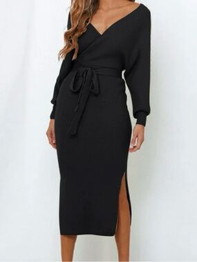V-Neck Black Wrap Knit Midi Dress with Tie Waist